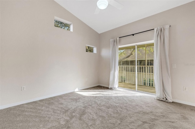 unfurnished room featuring carpet floors, high vaulted ceiling, and ceiling fan