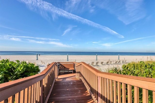 view of water feature with a beach view