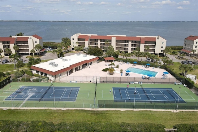 bird's eye view with a water view