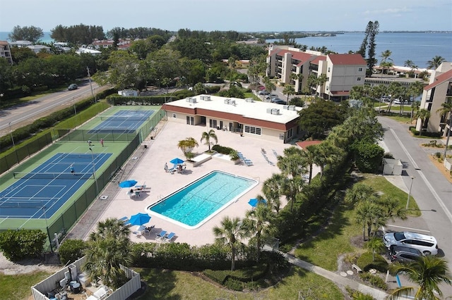 drone / aerial view featuring a water view