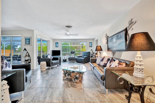 living room with ceiling fan