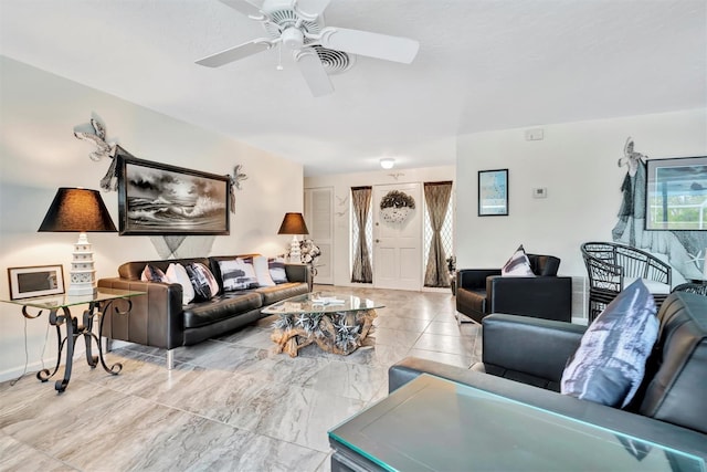 living room with ceiling fan