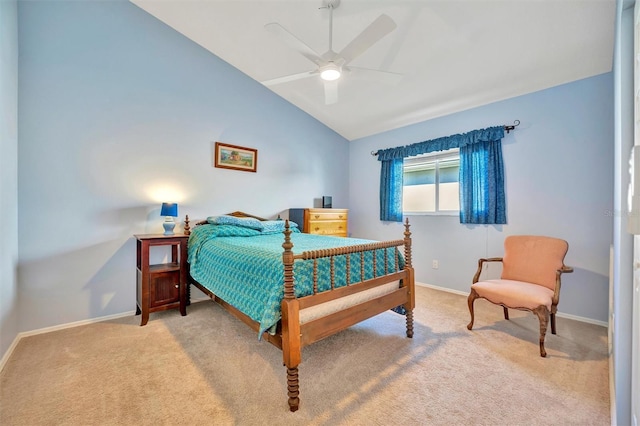 bedroom featuring light carpet, lofted ceiling, and ceiling fan