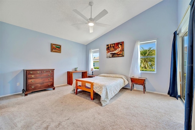 bedroom with multiple windows, light carpet, and a textured ceiling