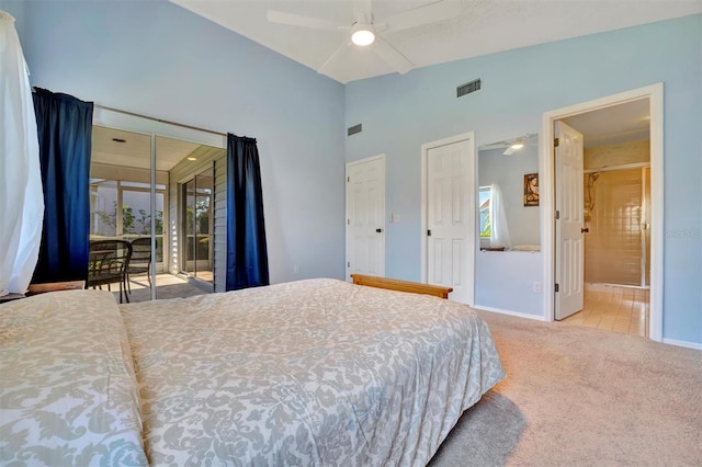 carpeted bedroom featuring ceiling fan, lofted ceiling, and access to outside