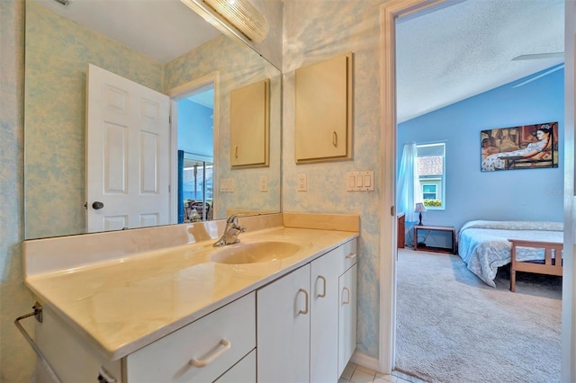 bathroom with lofted ceiling, vanity, and a textured ceiling