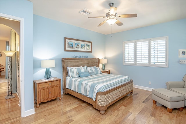 bedroom featuring ceiling fan and light wood-type flooring