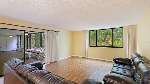 living room with hardwood / wood-style floors and a textured ceiling