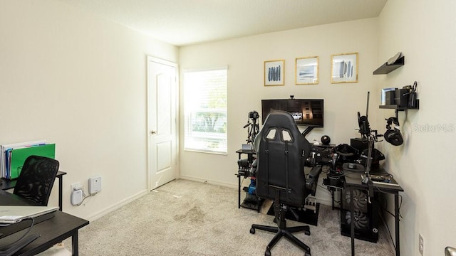 office featuring baseboards and light colored carpet