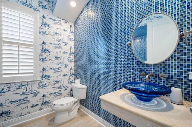 bathroom with wood finished floors, a sink, toilet, and baseboards