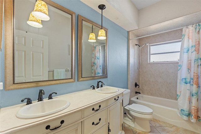 bathroom with shower / bath combination with curtain, double vanity, a sink, and toilet