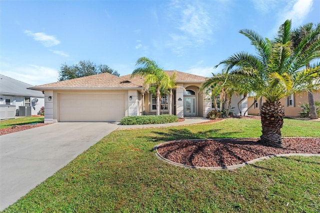 view of front facade featuring driveway, a front yard, an attached garage, and stucco siding