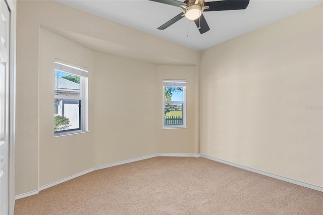 spare room with plenty of natural light, baseboards, and light colored carpet