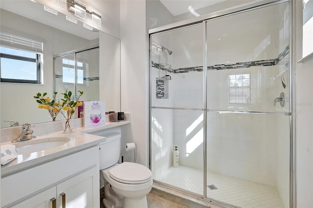 bathroom featuring a shower with door, vanity, and toilet