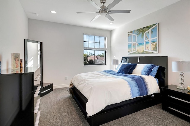 bedroom featuring ceiling fan and carpet flooring