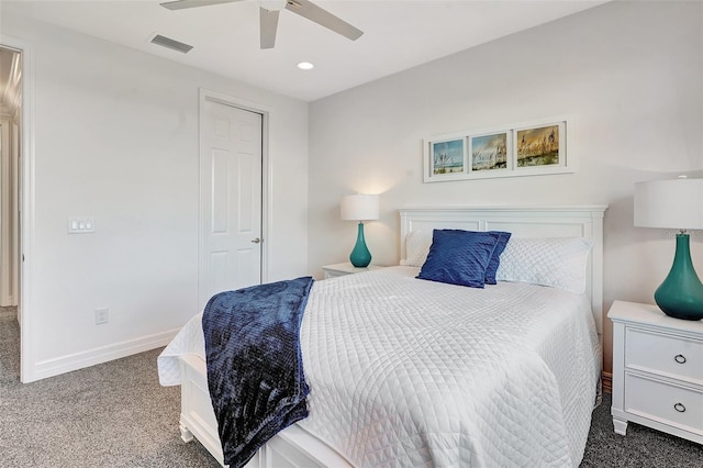 carpeted bedroom featuring ceiling fan