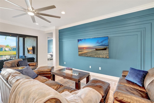 living room featuring crown molding and ceiling fan