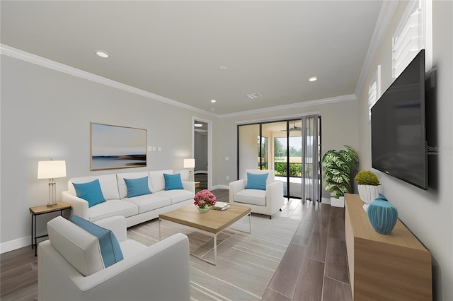 living room featuring recessed lighting, wood finished floors, baseboards, and ornamental molding