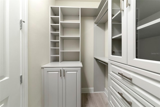 walk in closet with light hardwood / wood-style floors