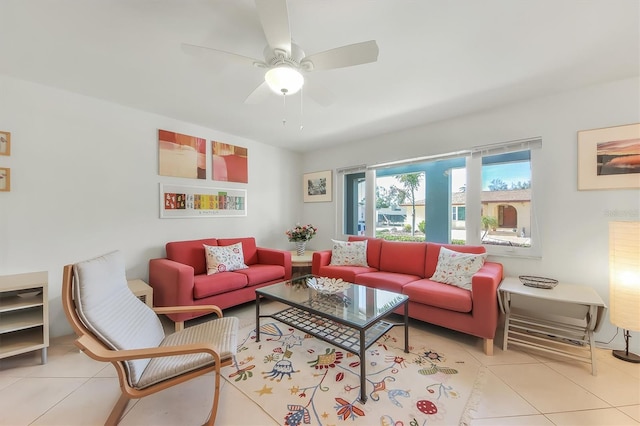 tiled living room with ceiling fan