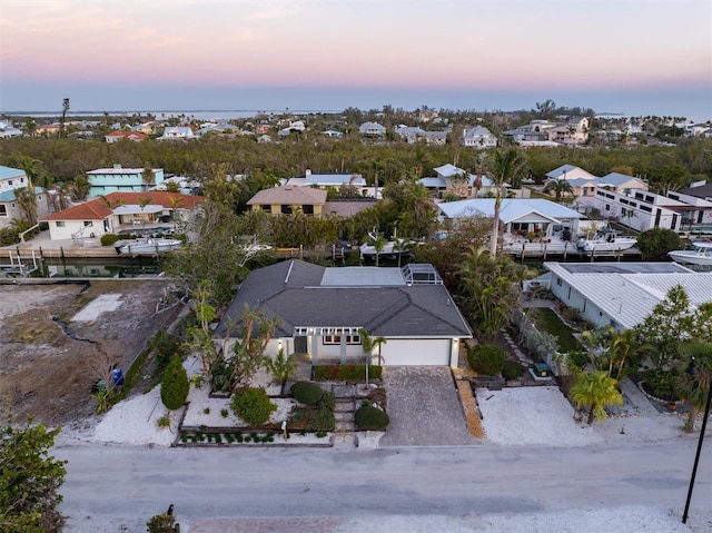 view of aerial view at dusk