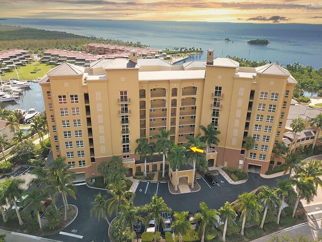 outdoor building at dusk with a water view