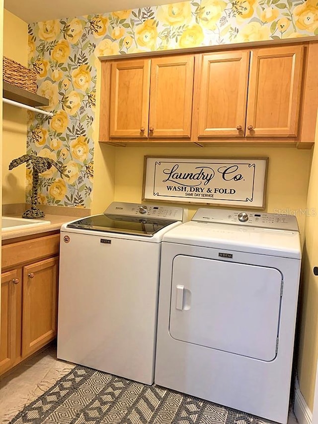 laundry room featuring cabinets and washer and clothes dryer