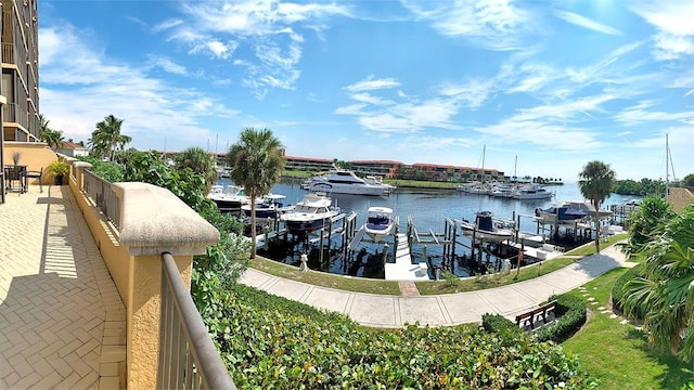 view of dock with a water view