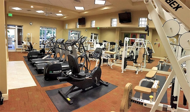 workout area with a paneled ceiling, carpet flooring, and a high ceiling