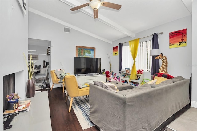 living room with ceiling fan, wood-type flooring, and lofted ceiling with beams