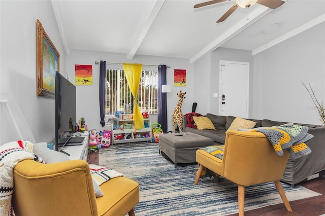 living room with ceiling fan and beam ceiling