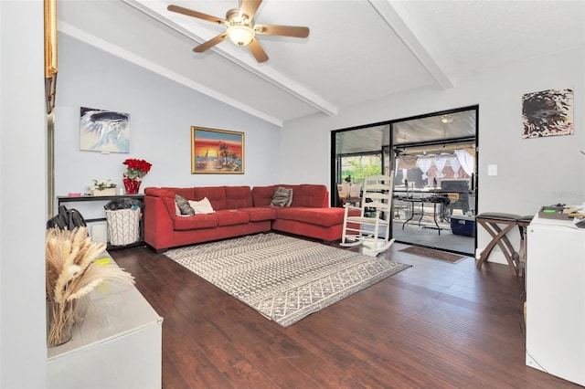 living room with lofted ceiling with beams, washer / dryer, dark hardwood / wood-style floors, and ceiling fan