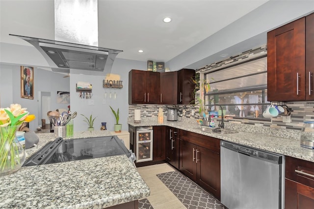 kitchen featuring stove, sink, light stone countertops, and dishwasher