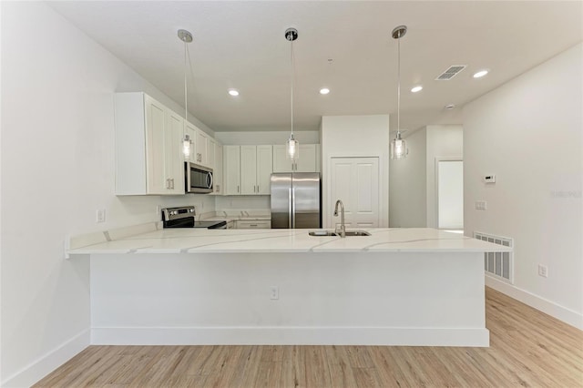 kitchen featuring decorative light fixtures, white cabinetry, sink, kitchen peninsula, and stainless steel appliances