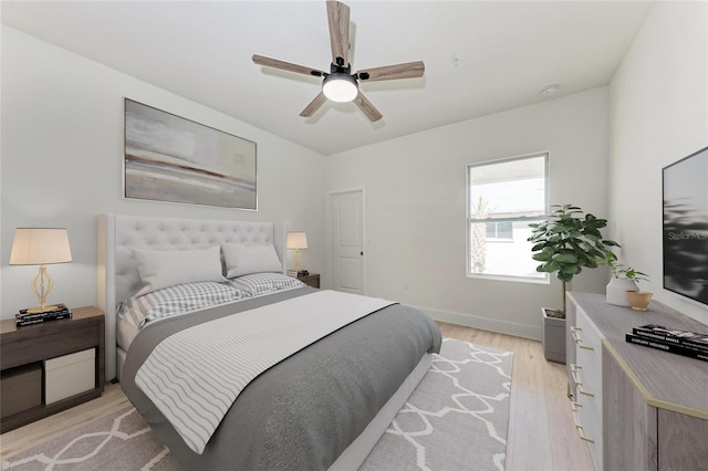 bedroom with ceiling fan and light wood-type flooring