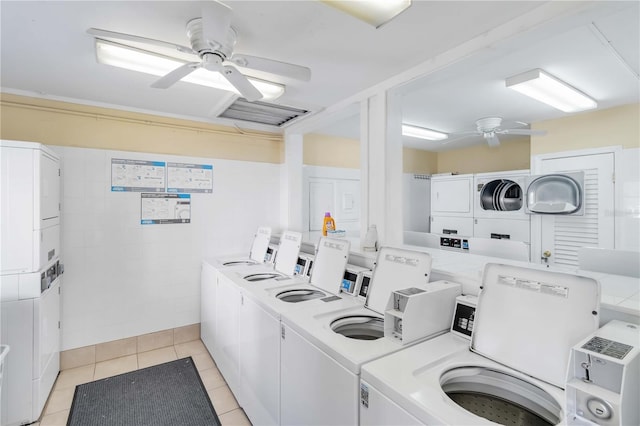 washroom featuring ceiling fan, stacked washer / drying machine, separate washer and dryer, and light tile patterned floors