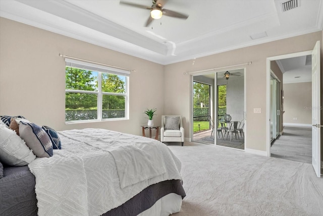 12029 Perennial Pl, Lakewood Ranch, FL 34211 - bedroom featuring access to outside, a raised ceiling, ornamental molding, carpet floors, and ceiling fan