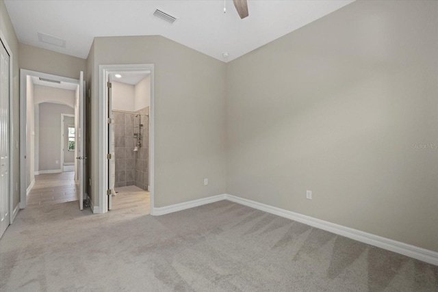 12029 Perennial Pl, Lakewood Ranch, FL 34211 - unfurnished bedroom with light carpet, baseboards, ceiling fan, and ensuite bathroom