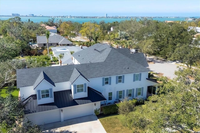 aerial view featuring a water view