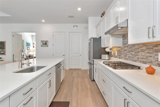 kitchen with sink, white cabinets, decorative backsplash, stainless steel appliances, and light hardwood / wood-style flooring