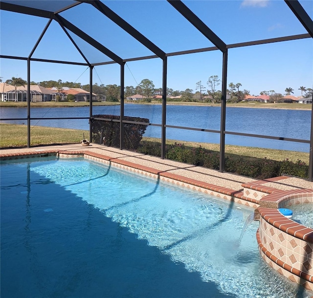 view of pool featuring a water view and a lanai