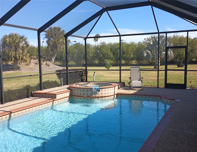 view of swimming pool featuring a lawn, an in ground hot tub, and glass enclosure