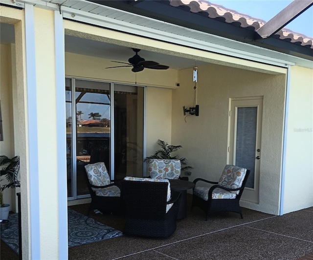 patio terrace at dusk with ceiling fan