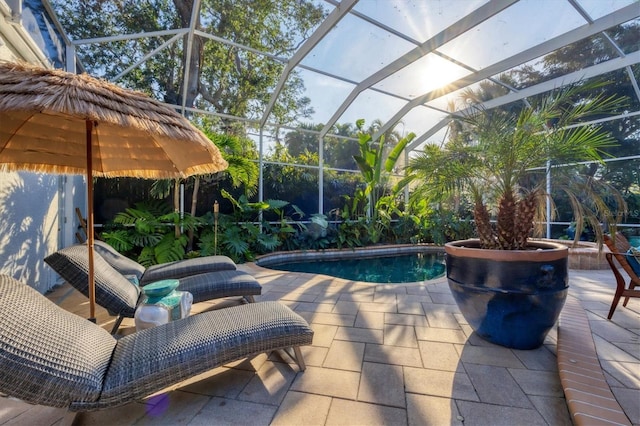 view of swimming pool featuring a patio and glass enclosure