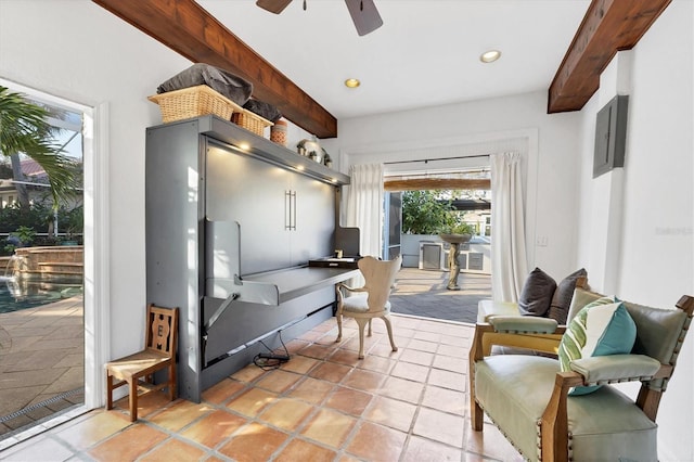 interior space featuring cooling unit, ceiling fan, and beam ceiling