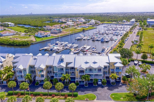 drone / aerial view with a water view