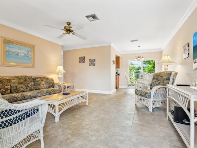 living room featuring ornamental molding and ceiling fan with notable chandelier