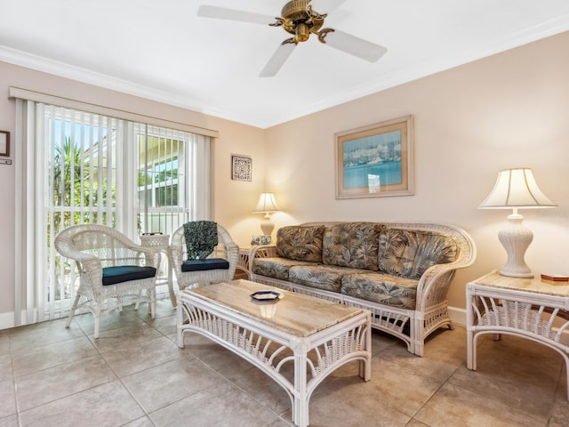 tiled living room with crown molding and ceiling fan