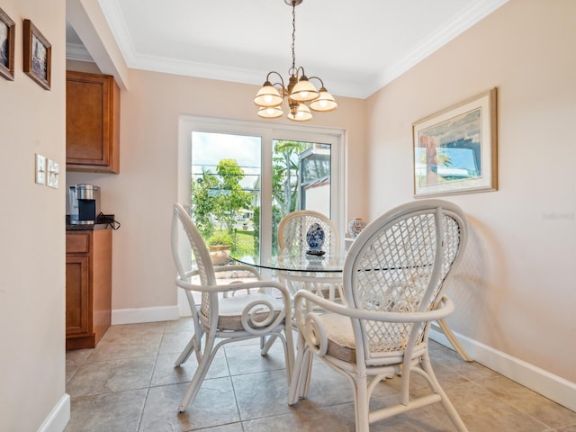 dining space featuring ornamental molding, light tile patterned floors, and a notable chandelier