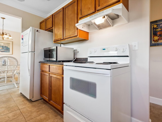 kitchen featuring light tile patterned flooring, white electric range oven, ornamental molding, a notable chandelier, and pendant lighting